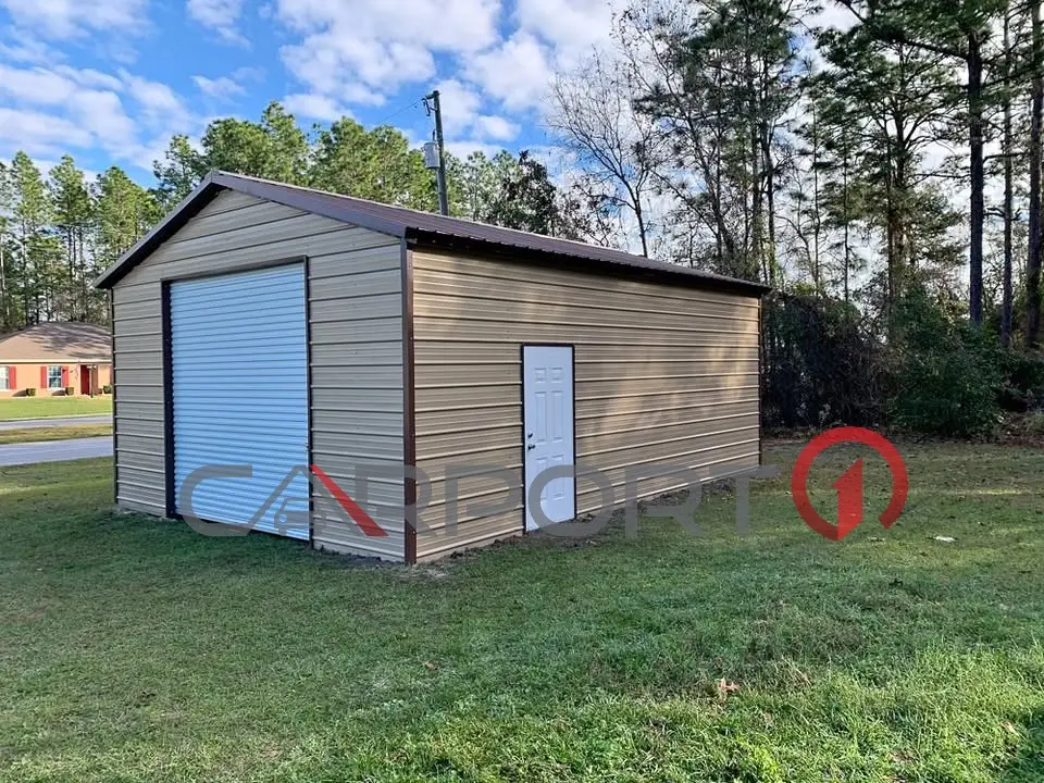 a building with a door and a fence in the back