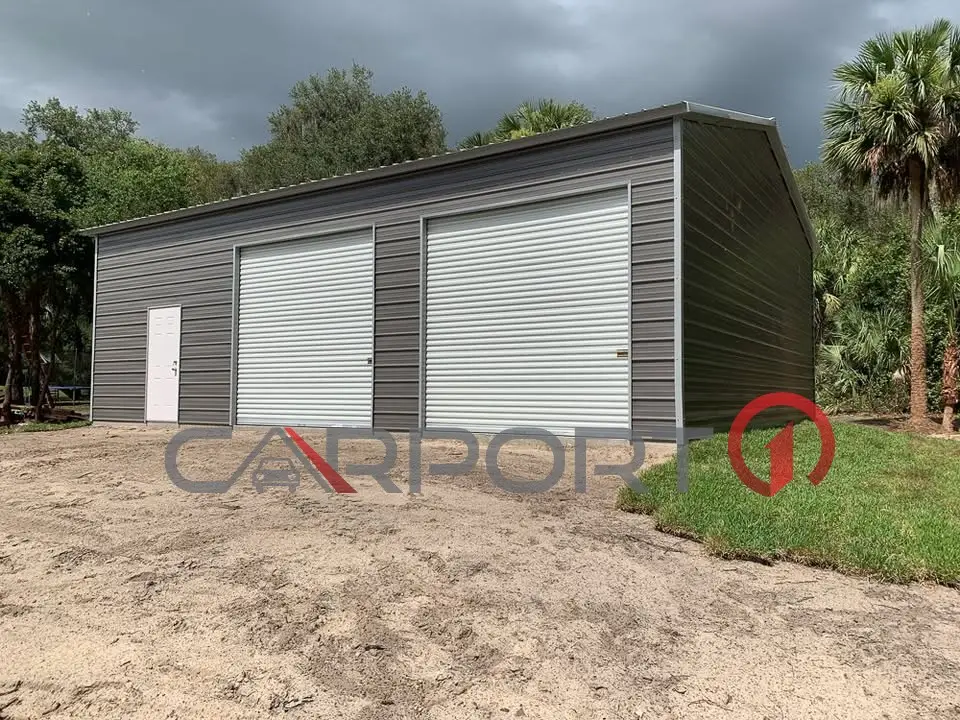 a building with a garage door