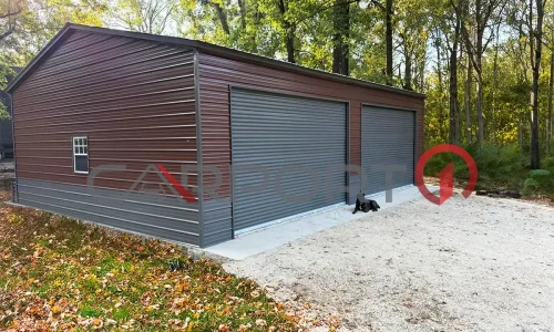 a building with a garage door