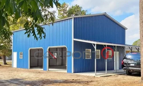 a blue building with garage doors